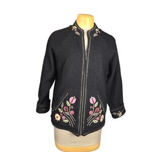Icelandic Design Womens‎ Large Zip Up 100% Wool Cardigan Floral Embroidered Y2K